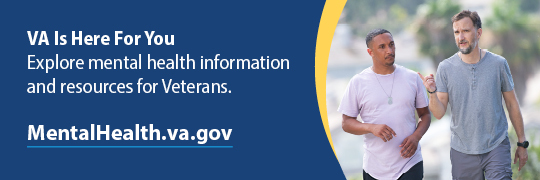 A graphic featuring a photo of two Veterans walking and talking outside with text that reads: VA is here for you. Explore mental health information and resources for Veterans. MentalHealth.va.gov