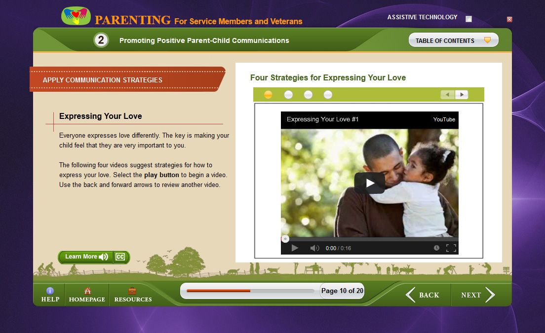 Course interface for Parenting for Service Members and Veterans online course