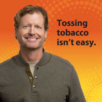 A male Veteran with text overlay that reads: Tossing tobacco isn't easy. VA is here to help keep you on track. Sign up for SmokefreeVET for on-the-go encouragement.