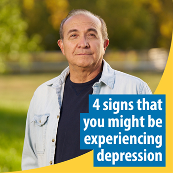 A Veteran standing outdoors. Text reads: 4 signs that you might be experiencing depression.