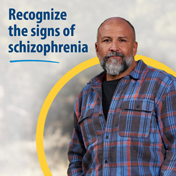  A Veteran standing in the woods. Text reads: Recognize the signs of schizophrenia.