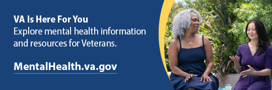 A graphic featuring a photo of two Veterans sitting outside having a conversation with text that reads: VA is here for you. Explore mental health information and resources for Veterans. MentalHealth.va.gov